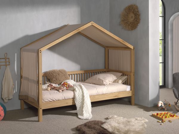Hausbett Kinderbett 90x200 Textilhimmel Lattenrost Spielbett Eiche massiv geölt