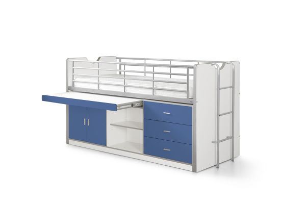 Vipack Hochbett BONNY 90 x 200 Weiß / Blau mit Schreibtisch Halbhochbett