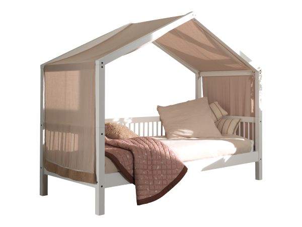Hausbett Kinderbett 90x200 Textilhimmel Lattenrost Spielbett Buche massiv Weiß