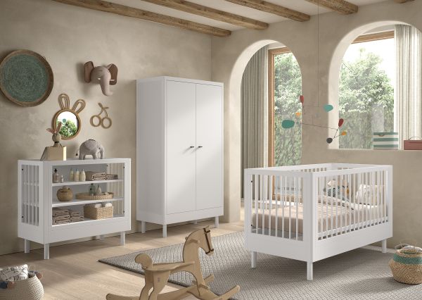 Set Babybett Wickelregal Schrank 2T Kinderzimmer Babyzimmer Buche massiv Weiß