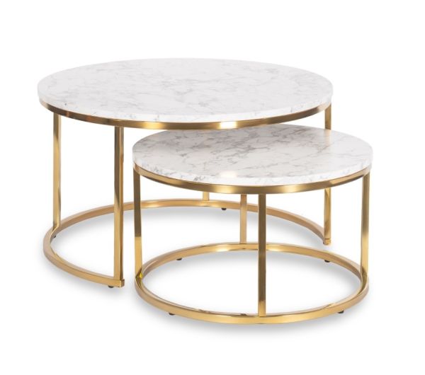 2 Beistelltische Ø 80/60 Tischset Couchtisch Ablagetisch Marmorweiß Gold