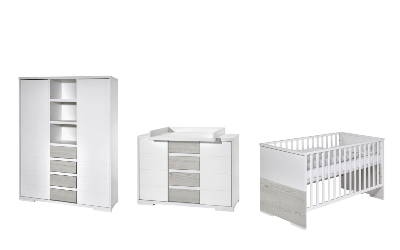 Set Kinderbett 70x140 Wickelkommode Schrank Umbauseiten Babyzimmer Weiß Schardt