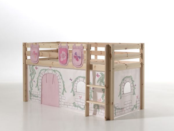 Vipack: "PINO" Spielbett / Hochbett 90x200 mit Vorhang +Taschen "Birdy" - Massiv