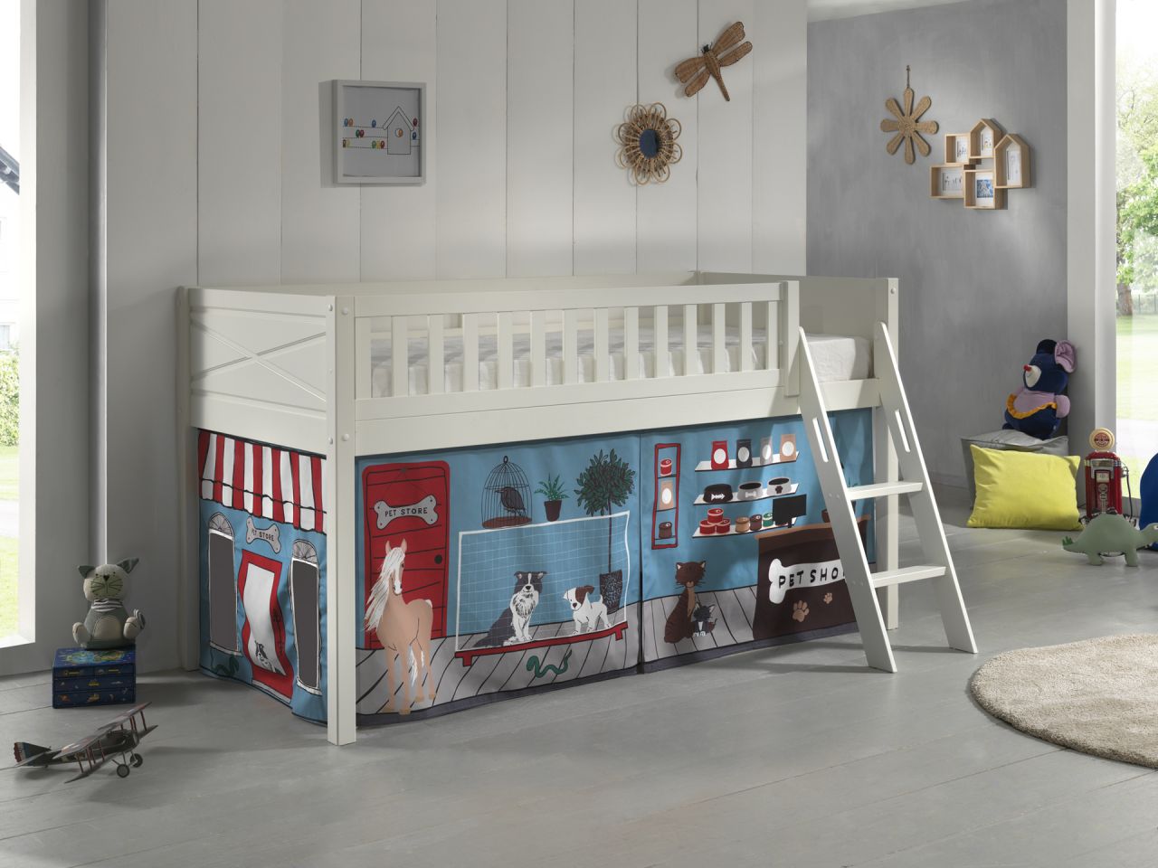 Set Spielbett Vorhang Lattenrost Hochbett Kinderbett 90x200 Tier Pferd Hund weiß