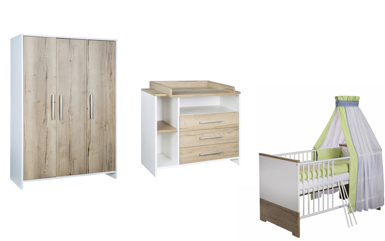 Set Kinderbett 70x140 Wickelkommode Schrank Umbauseiten Babyzimmer Weiß Schardt