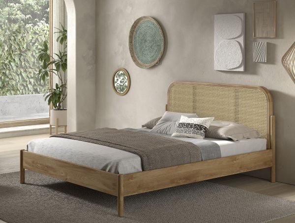 Doppelbett 160x200 mit Rattan-Geflecht Rattanbett Bettgestell Eiche