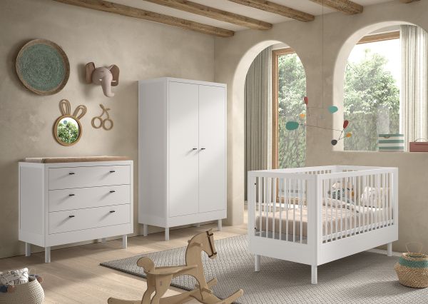 Set Babybett Kommode Schrank 2T Kinderzimmer Babyzimmer Buche massiv Weiß lackiert