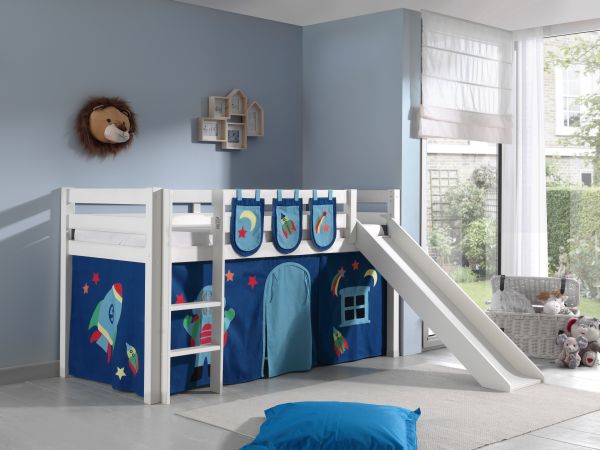 Spielbett Hochbett Kinderbett 90x200 Rutsche Vorhang Taschen Astronaut Holz Weiß