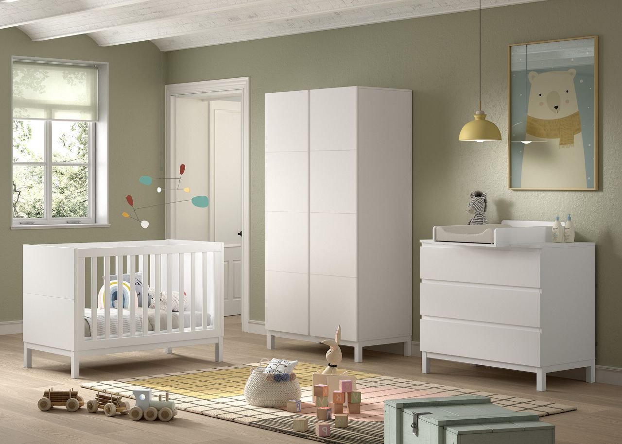 Set Babybett Kinderbett 60x120 Wickelkommode Schrank 2T Baby-Kinderzimmer Weiß