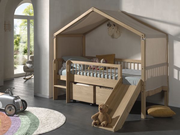 Halbhohes Hausbett Rollboxen Rutsche Lattenrost 90x200 Textilhimmel Eiche massiv