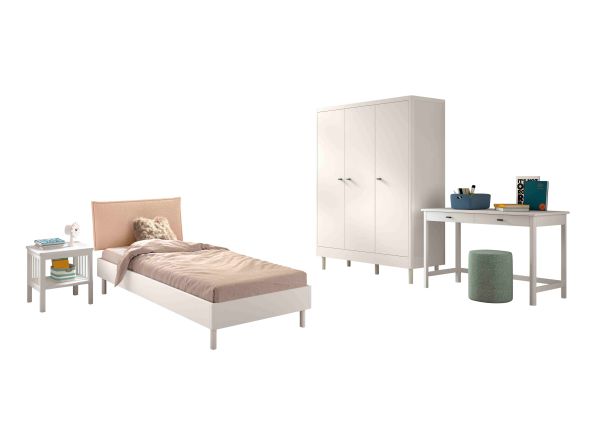 Set Futonbett Schrank 3T Nachtkonsole Schreibtisch Lattenrost Buche massiv Weiß