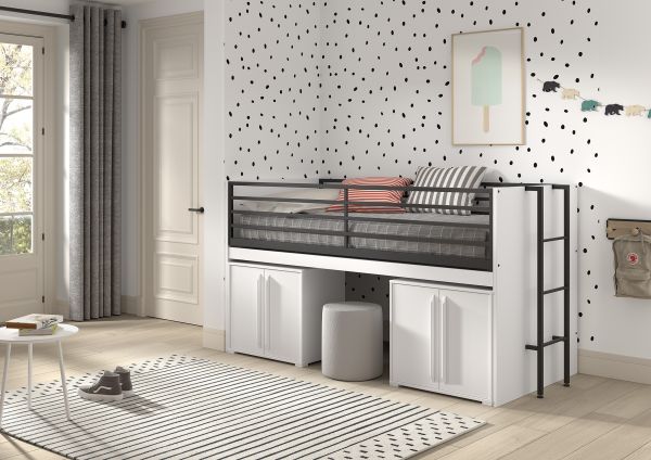 Funktionsbett 90x200 Schreibplatte 2 Kommoden 2T Halbhochbett Spielbett Weiß