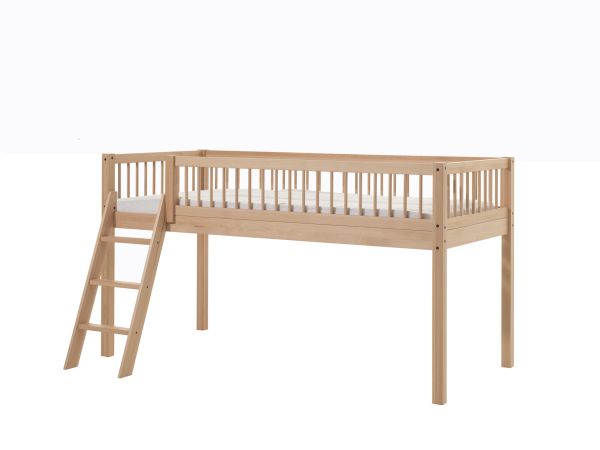Halbhohes Spielbett Kinderbett 90x200 Vorhangset Prinzessin Buche massiv Natur