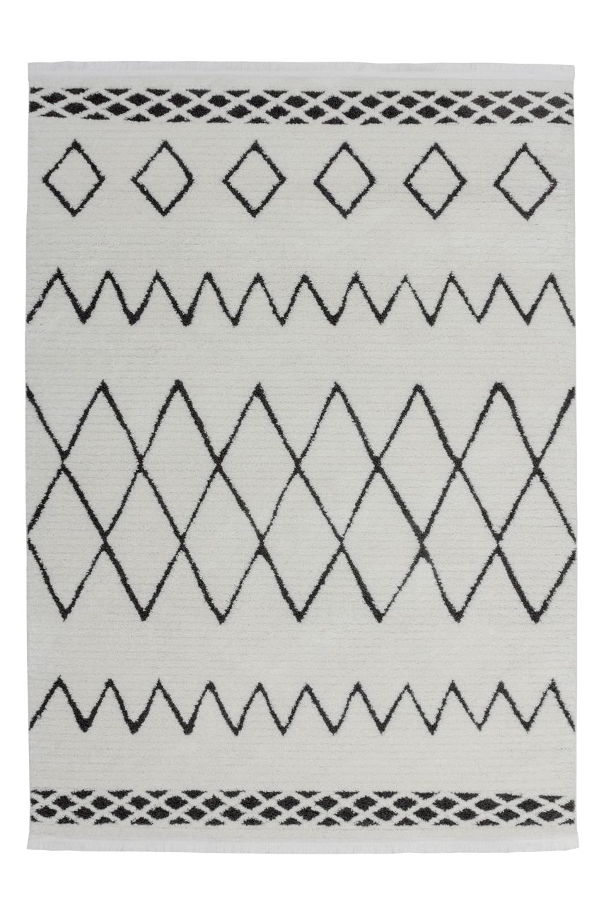 Teppich Wohnzimmer Hochflor weich creme modern Schlafzimmer boho Rauten schwarz