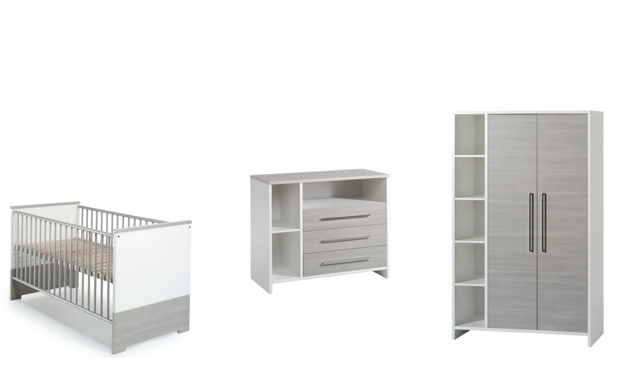 Set Kinderbett 70x140 Wickelkommode Schrank Umbauseiten Babyzimmer Weiß Schardt