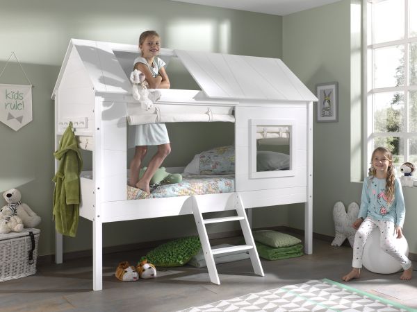 Set Baumhaus Bett Vorhang Hausbett 90x200 Kinderbett Kindermöbel Lattenrost Weiß