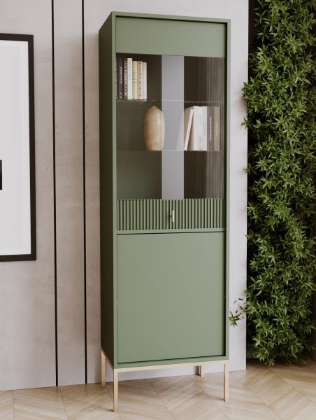 Vitrinenschrank Bücherschrank Regalschrank Glasschrank Wohnschrank Grün Gold