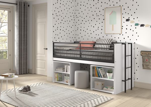 Funktionsbett 90x200 Schreibplatte Regale Halbhochbett Spielbett Jugendbett Weiß