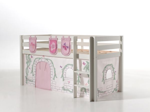 Vipack: "PINO" Spielbett / Hochbett 90x200 mit Vorhang +Taschen "Birdy" - Massiv