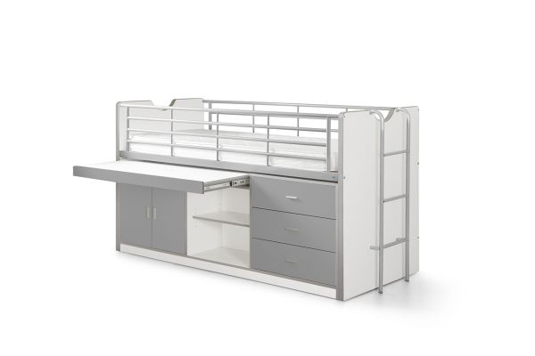 Vipack Hochbett BONNY 90 x 200 Weiß / Silbergrau mit Schreibtisch Halbhochbett