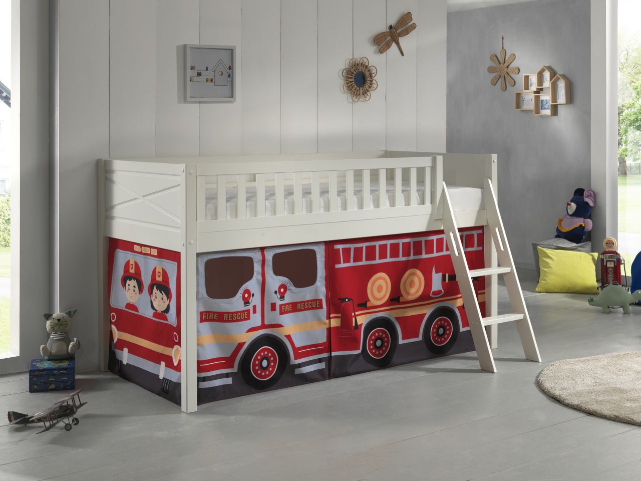 Set Spielbett Vorhang Lattenrost Hochbett Kinderbett 90x200 Feuerwehr Auto rot