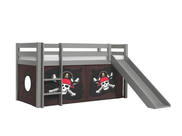 Vipack:"Pino" Halbhohes Bett mit Rutsche+Textilset "Caribian Pirate"-Grau