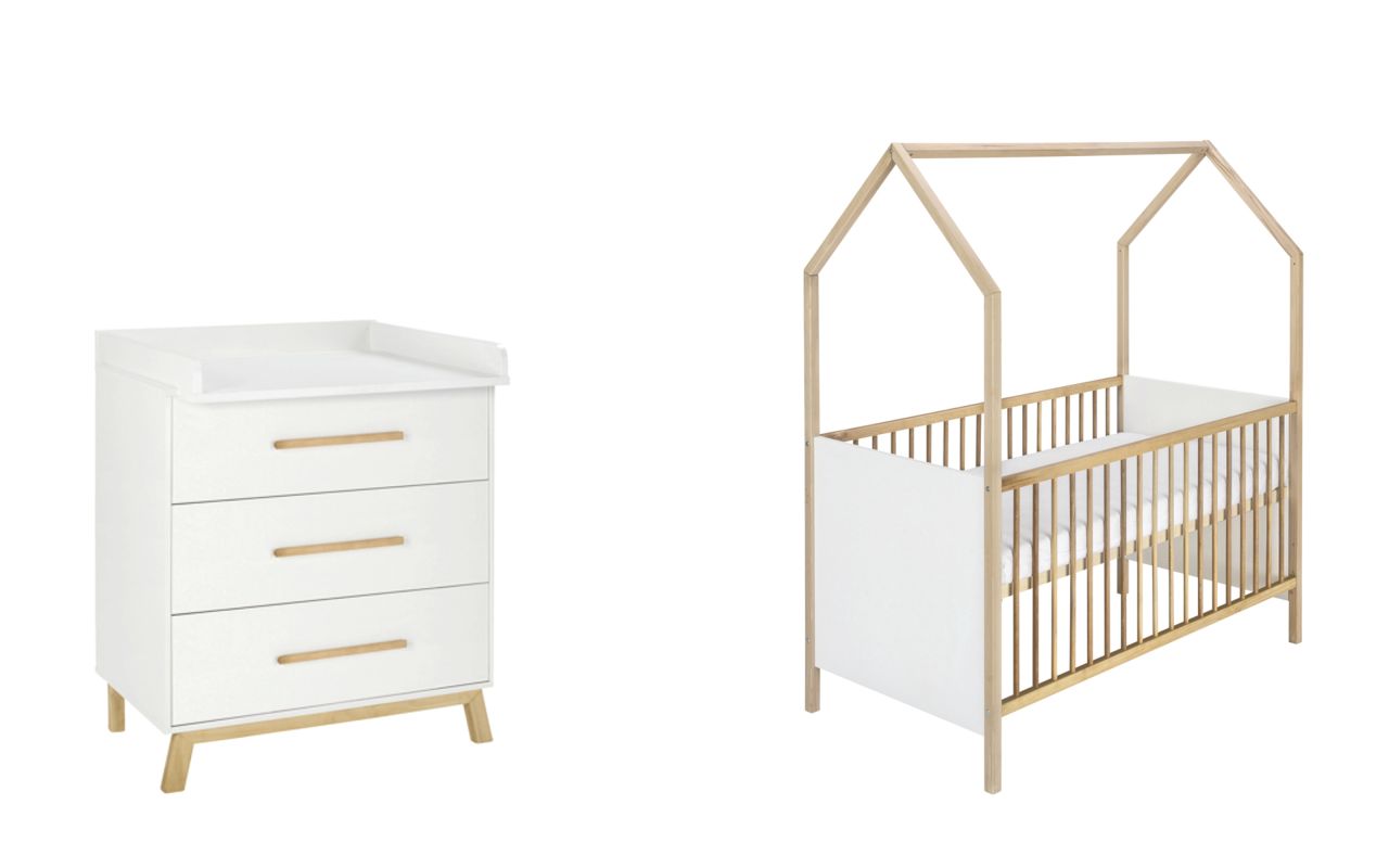 Set Hausbett 70x140 Wickelkommode Umbauseiten Gitterbett Baby Kinderzimmer Weiß