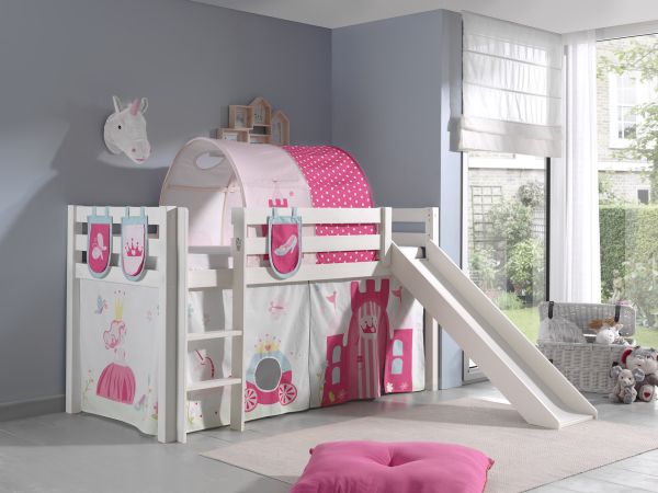 Spielbett Hochbett Kinderbett 90x200 Rutsche Vorhang Prinzessin Weiß Rosa Tunnel