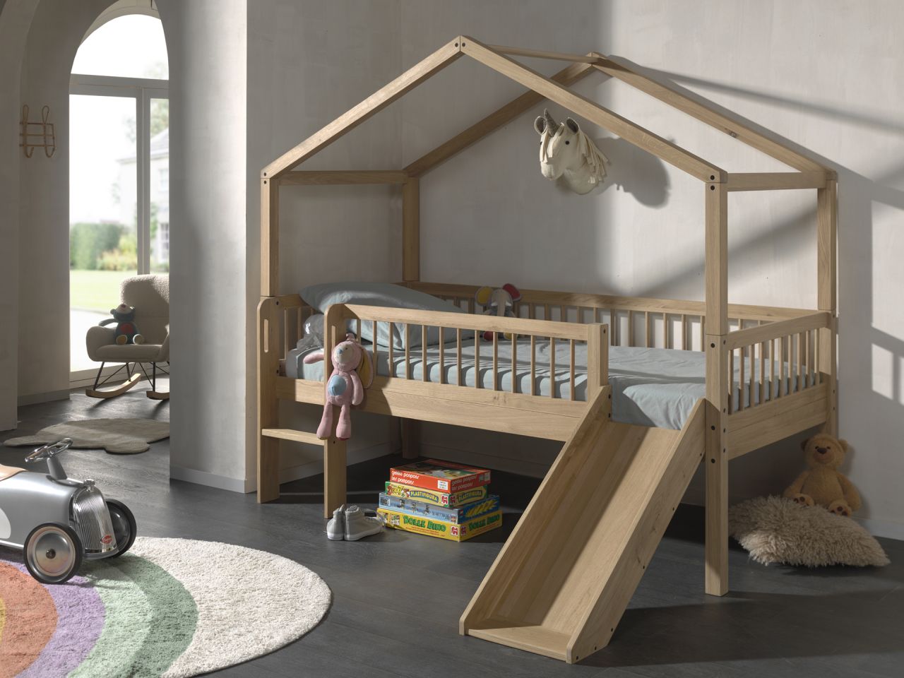 Halbhohes Hausbett Rutsche Lattenrost 90x200 Spielbett Eiche massiv natur geölt