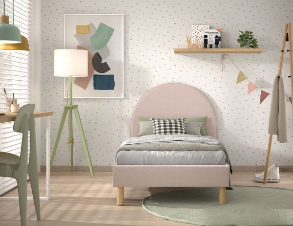 Set Polsterbett 90x200 Lattenrost Jugendbett rund Kinder Einzelbett Stoff Rosa