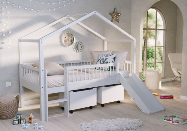 Halbhohes Hausbett Rollboxen Rutsche Lattenrost 90x200 Buche massiv weiß