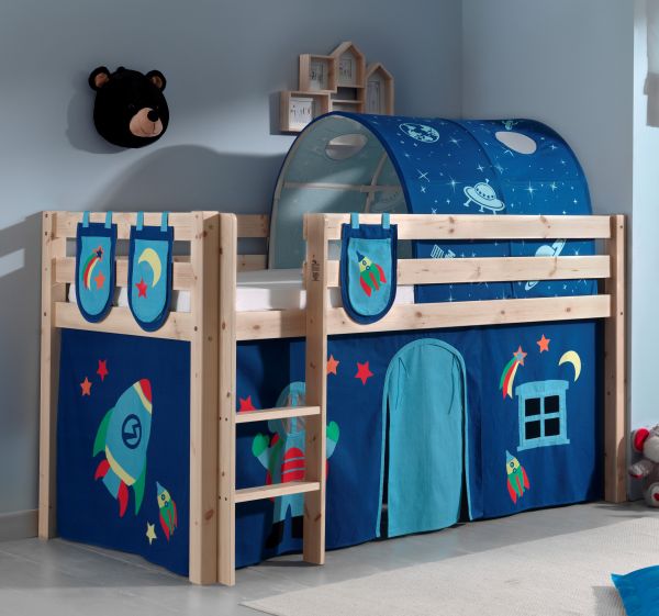 Vipack: PINO Spielbett 90 x 200 und Textilset "Astronaut" - Kiefer massiv Natur