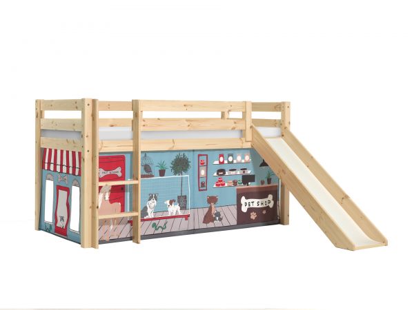 Vipack:"Pino" Halbhohes Bett mit Rutsche und Textilset "Pet Shop"-Kiefer