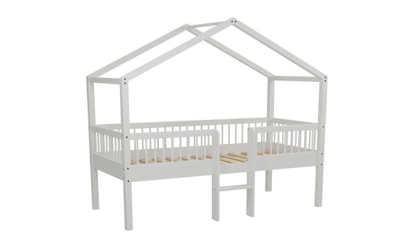 Halbhohes Hausbett Leiter Lattenrost 90x200 Spielbett Buche massiv weiß