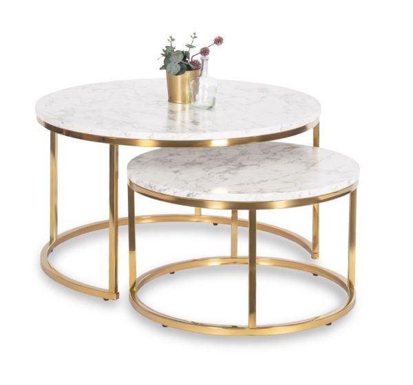 2 Beistelltische Ø 80/60 Tischset Couchtisch Ablagetisch Marmorweiß Gold