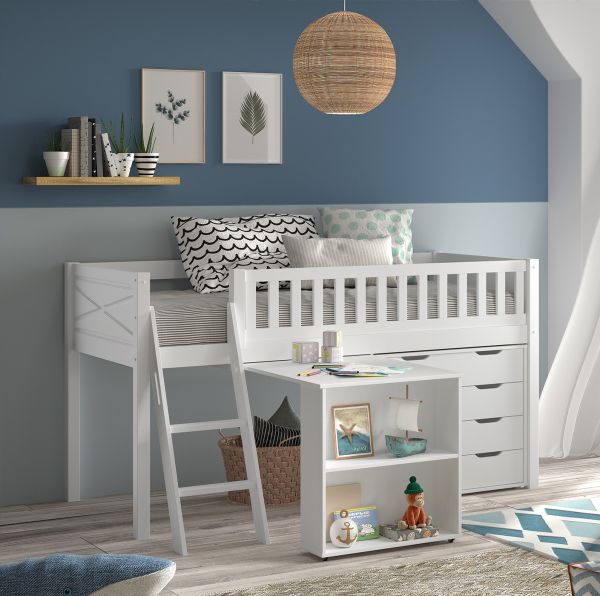 halbhohes Funktionsbett 90x200 Spielbett Jugendbett Schreibtisch Kommode Weiß
