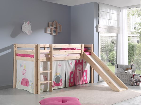 Spielbett Hochbett Kinderbett 90x200 Rutsche Vorhang Prinzessin Rosa Holzbett