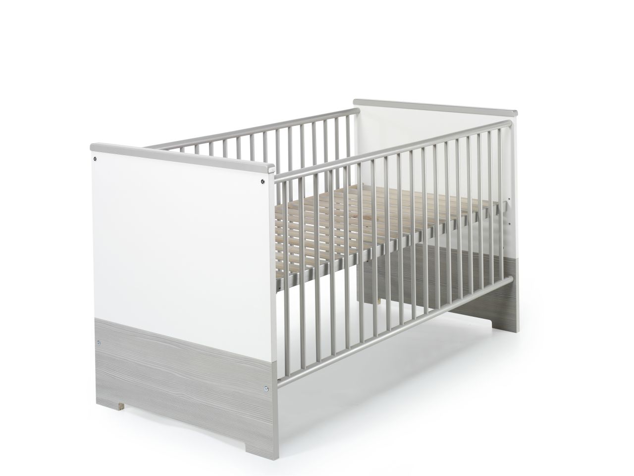 Kombi-Kinderbett 70x140 -Gitterbett Babybett Schlupfsprossen-Weiß/Pinie Silber